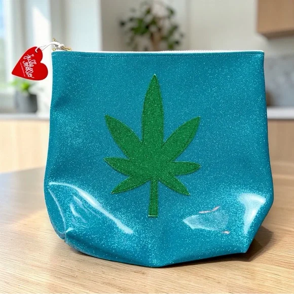 Julie Mollo Glitter Blue & Green Leaf Clutch Oversized Cosmetic Bag New - Picture 3 of 16